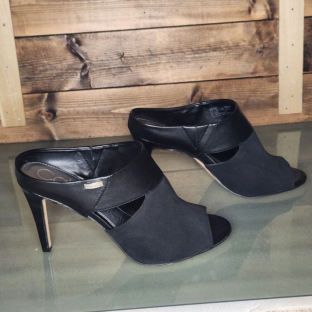 Calvin Klein Black Open Toe Mule Heels Womens Size 9.5 Suede Stiletto - Picture 2 of 9